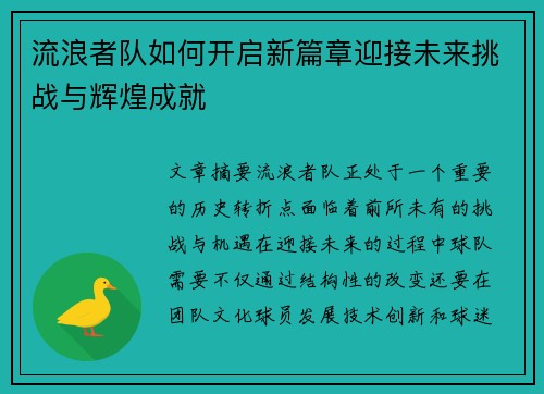 流浪者队如何开启新篇章迎接未来挑战与辉煌成就 流浪者队如何开启新篇章迎接未来挑战与辉煌成就