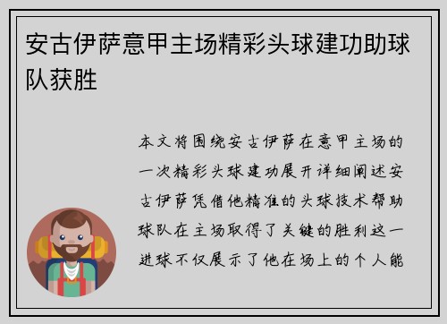 安古伊萨意甲主场精彩头球建功助球队获胜