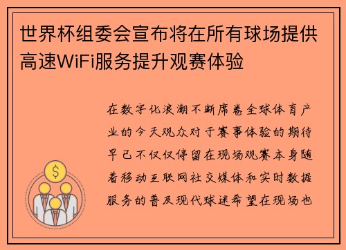 世界杯组委会宣布将在所有球场提供高速WiFi服务提升观赛体验