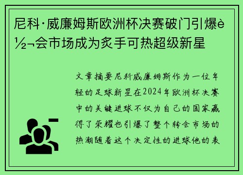 尼科·威廉姆斯欧洲杯决赛破门引爆转会市场成为炙手可热超级新星 尼科·威廉姆斯欧洲杯决赛破门引爆转会市场成为炙手可热超级新星
